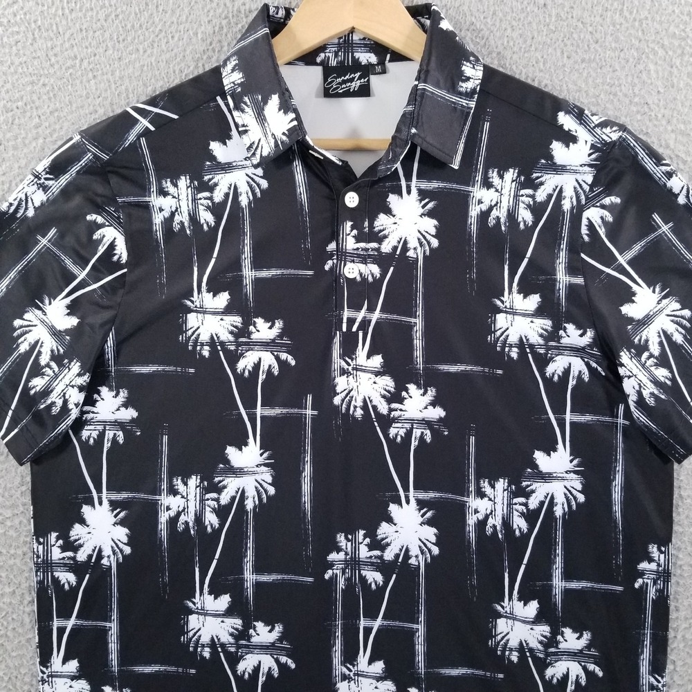 Sunday Swagger Polo Shirt Medium Black Palm Tree Golf Performance Hawaiian Tiki